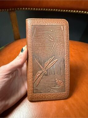 Oberon Design American made embossed leather dragonfly pond checkbook wallet